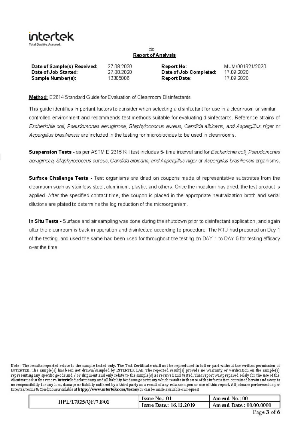 INTERTEK AIR DISINFECTION TEST REPORT